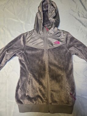 The North Face Womens' Small Gray Fleece Hooded Jacket with Pink Logo